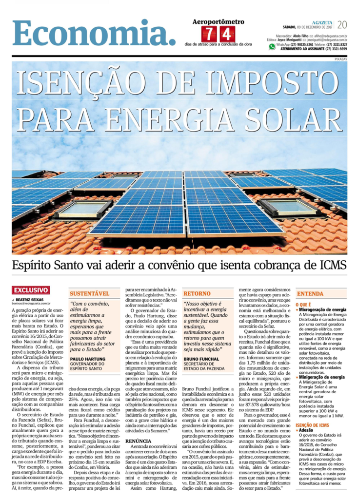 Clipping Jornal A Gazeta: Governo vai isentar ICMS